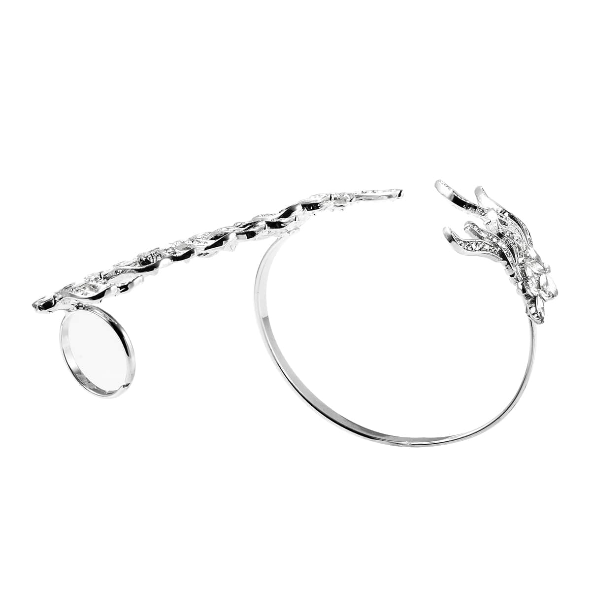 White Austrian Crystal, White Glass Statement Palm Cuff Bracelet (6.5-7 Inches) and Ring (Size 6-7) in Silvertone image number 4