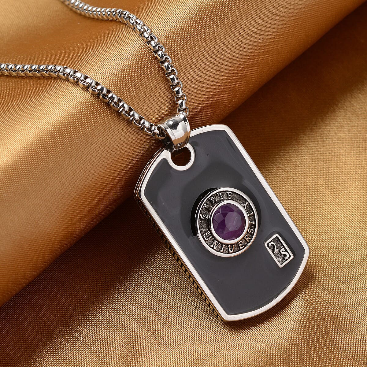 Amethyst and Enameled Men's Pendant Necklace 24 Inches in Stainless Steel 1.70 ctw image number 1