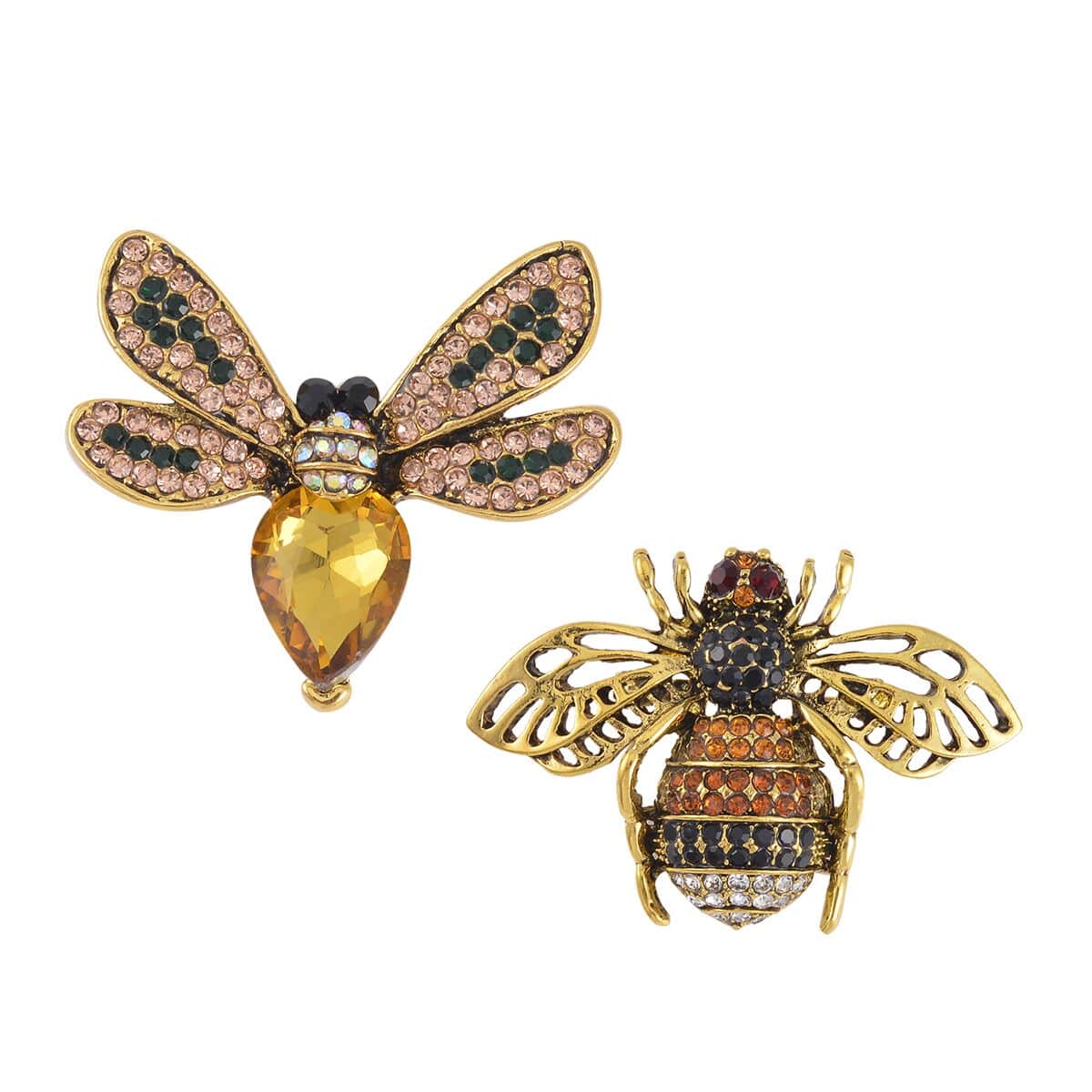 Set of 2 Multi Color Austrian Crystal Bee & Fly Brooch in Goldtone image number 0