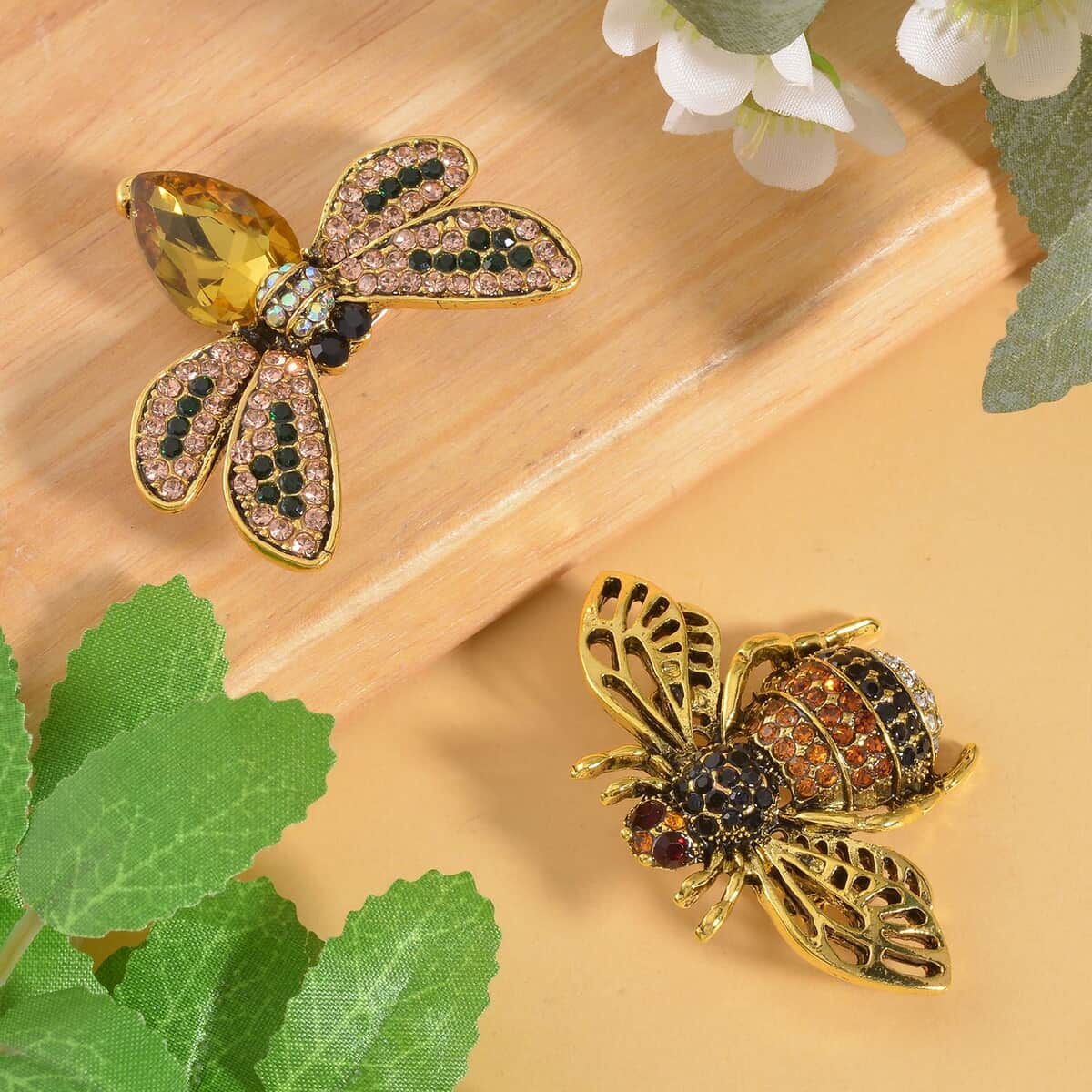 Set of 2 Multi Color Austrian Crystal Bee & Fly Brooch in Goldtone image number 1