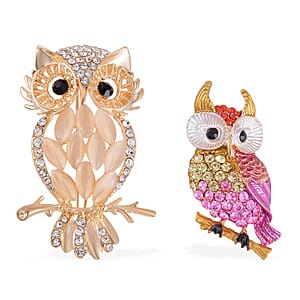 Set of 2 Lab Created White Cat's Eye, Multi Color Austrian Crystal Owls Brooch in Goldtone
