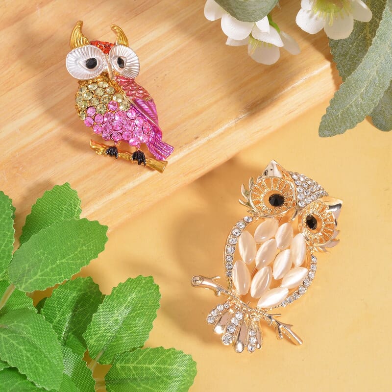 Set of 2 Lab Created White Cat's Eye, Multi Color Austrian Crystal Owls Brooch in Goldtone