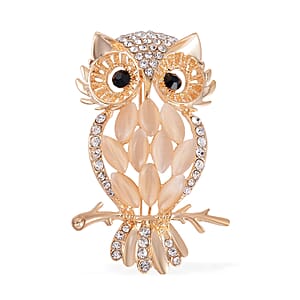 Set of 2 Lab Created White Cat's Eye, Multi Color Austrian Crystal Owls Brooch in Goldtone