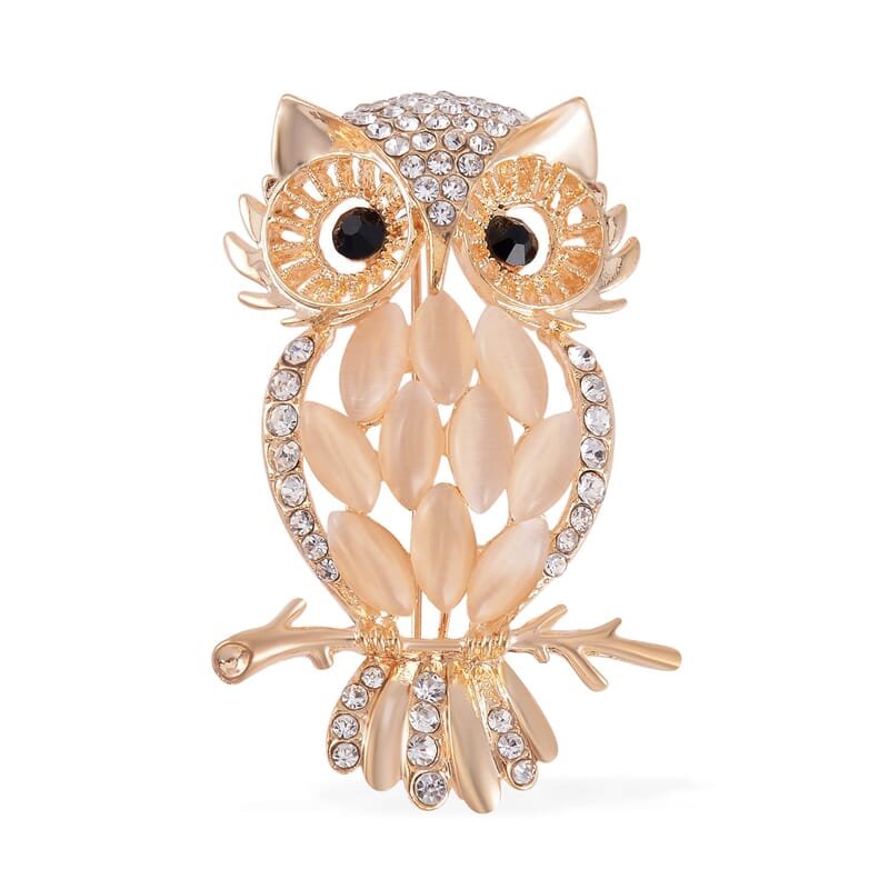 Set of 2 Lab Created White Cat's Eye, Multi Color Austrian Crystal Owls Brooch in Goldtone