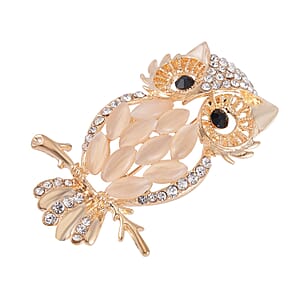 Set of 2 Lab Created White Cat's Eye, Multi Color Austrian Crystal Owls Brooch in Goldtone