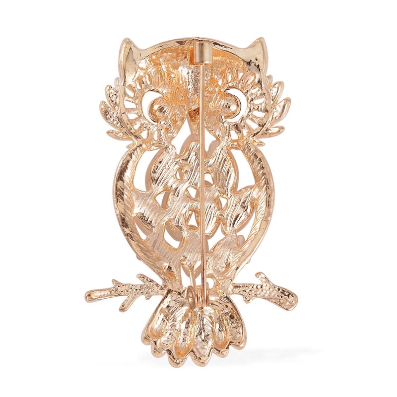Set of 2 Lab Created White Cat's Eye, Multi Color Austrian Crystal Owls Brooch in Goldtone