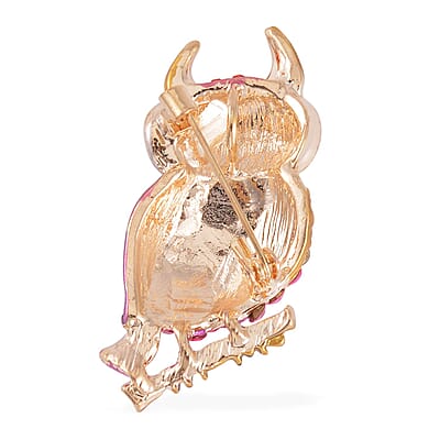 Set of 2 Lab Created White Cat's Eye, Multi Color Austrian Crystal Owls Brooch in Goldtone