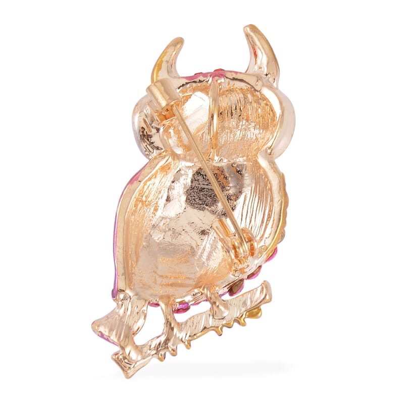 Set of 2 Lab Created White Cat's Eye, Multi Color Austrian Crystal Owls Brooch in Goldtone