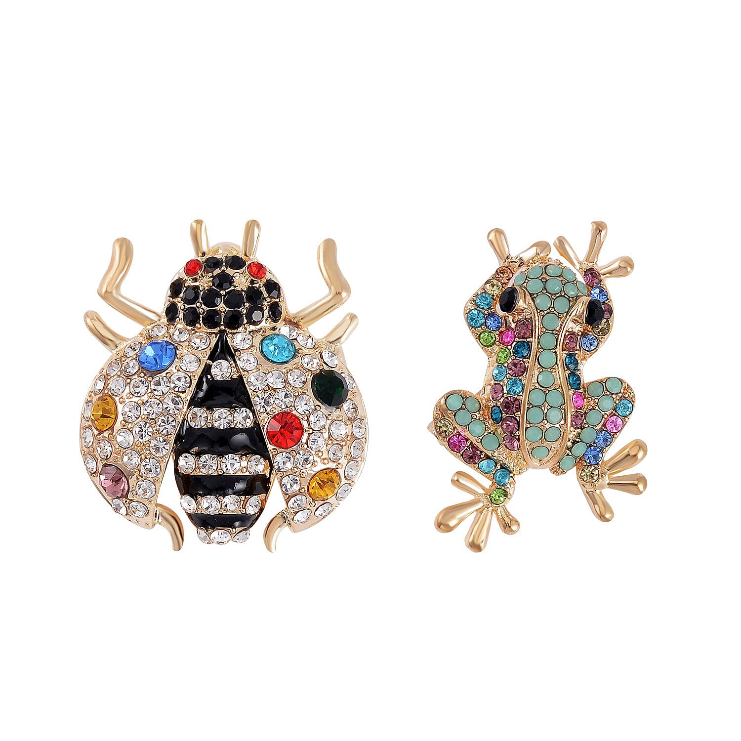 Set of 2 Multi Color Austrian Crystal Ladybug & Frog Brooch in Goldtone