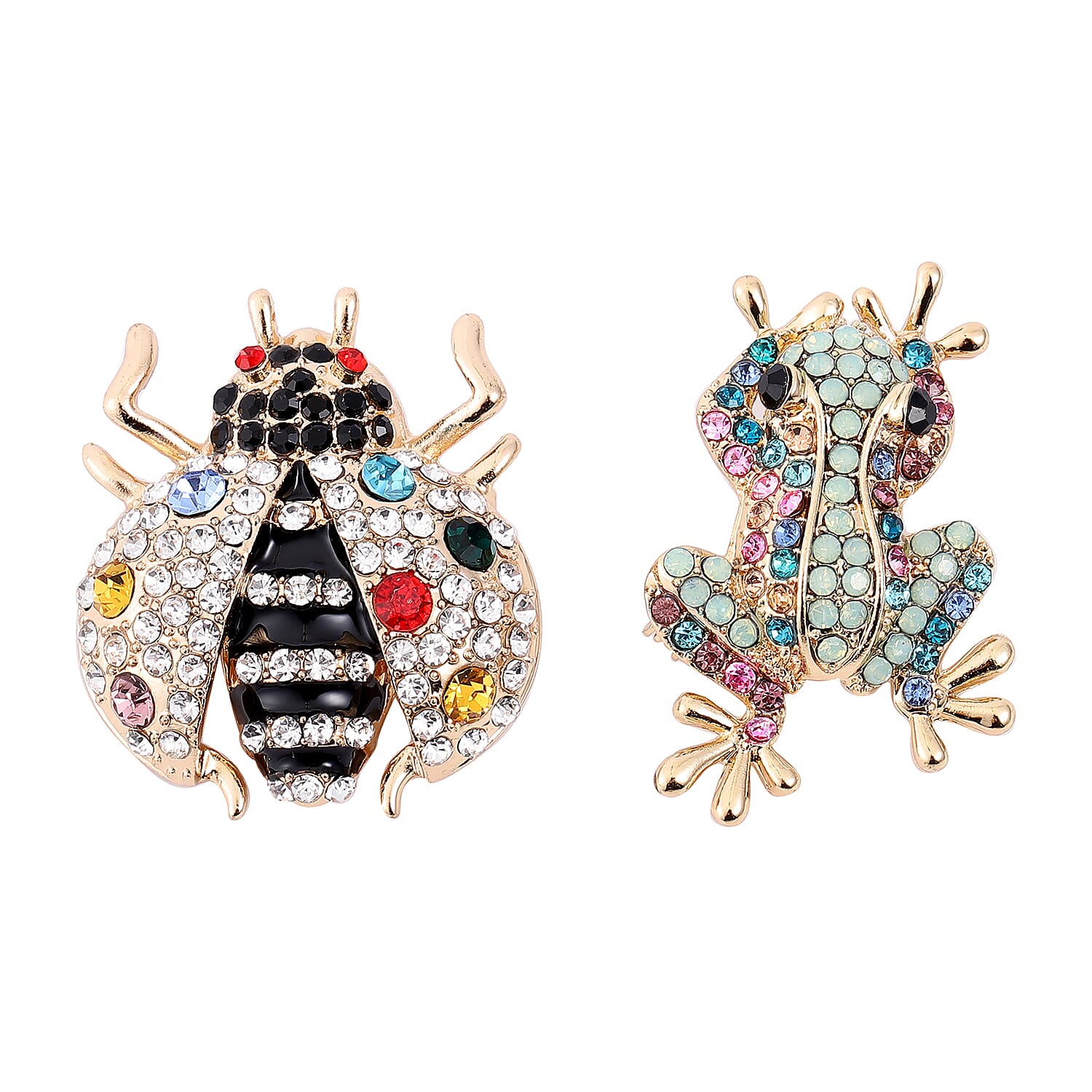 Set of 2 Multi Color Austrian Crystal Ladybug & Frog Brooch in Goldtone