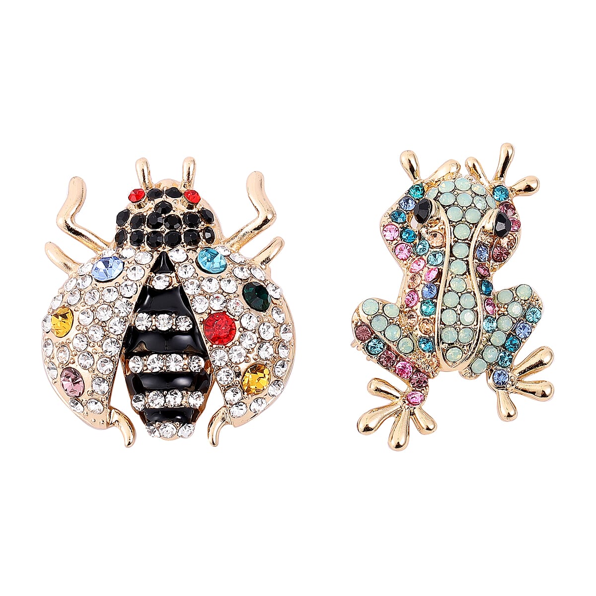 Set of 2 Multi Color Austrian Crystal Ladybug & Frog Brooch in Goldtone image number 1