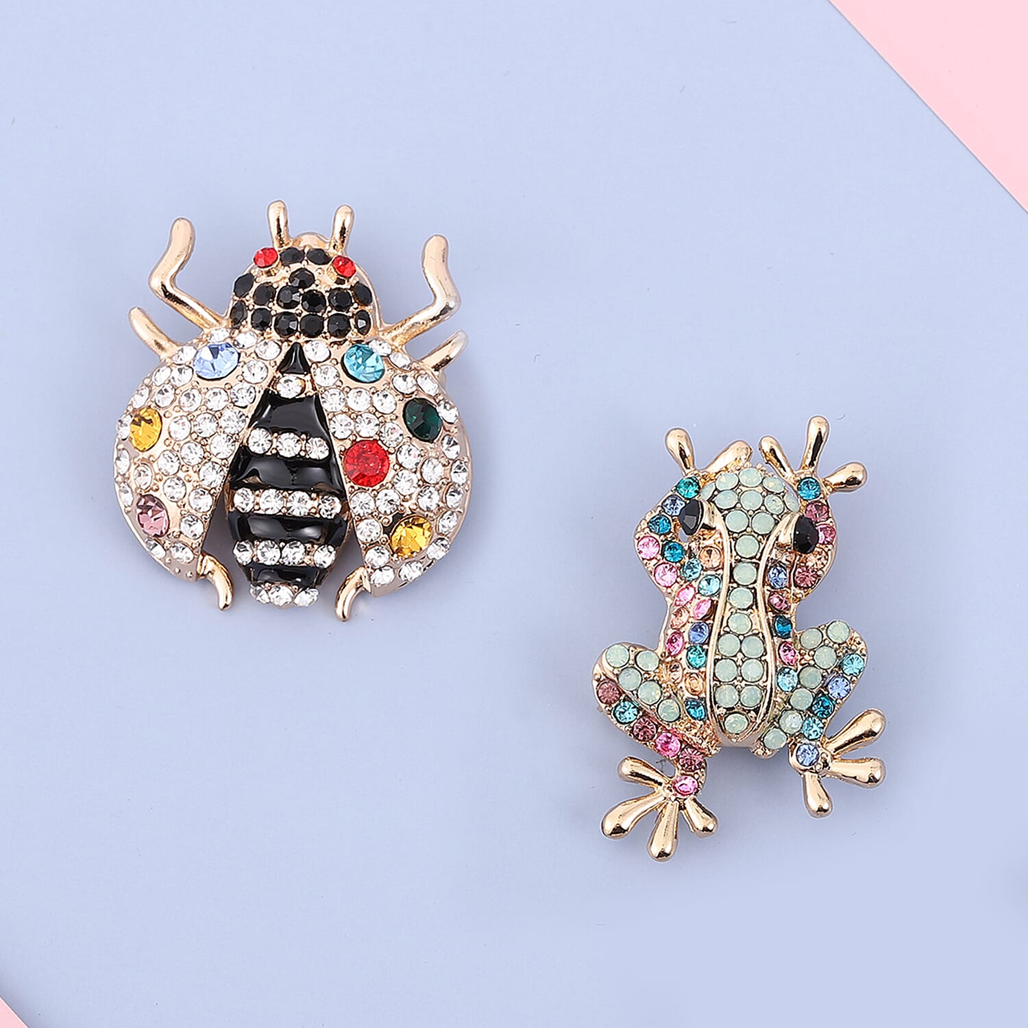 Set of 2 Multi Color Austrian Crystal Ladybug & Frog Brooch in Goldtone