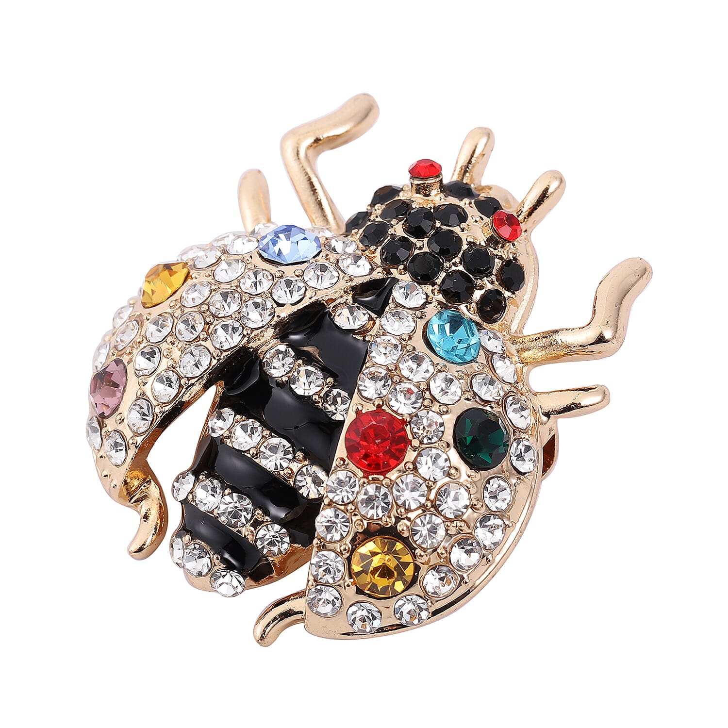Set of 2 Multi Color Austrian Crystal Ladybug & Frog Brooch in Goldtone