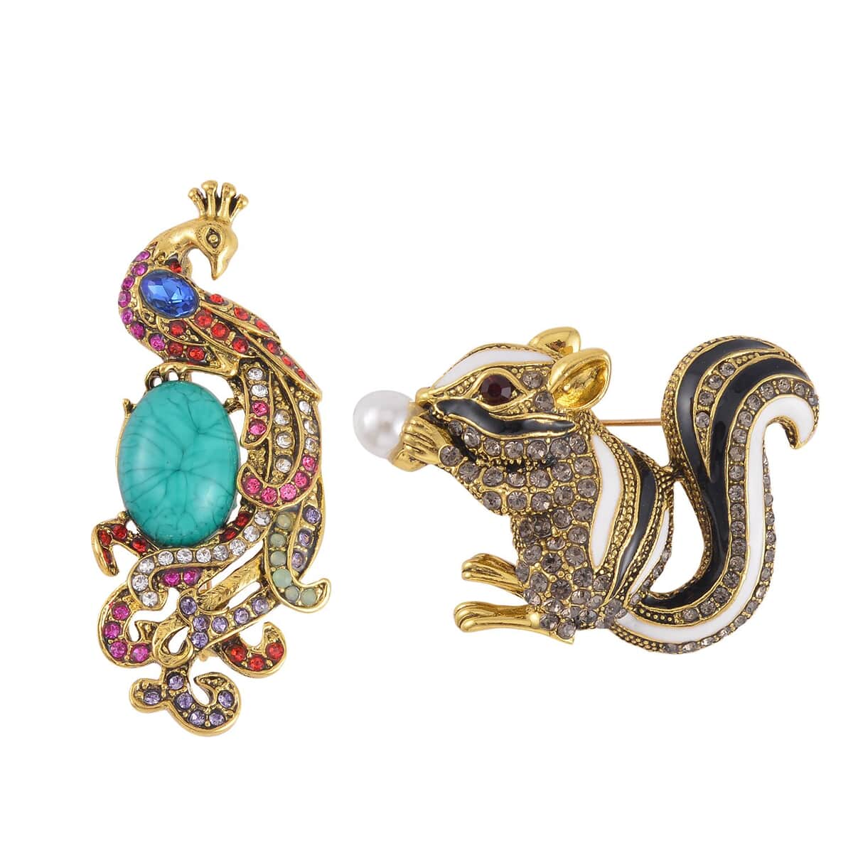 Set of 2 Multi Gemstone Peacock & Squirrel Brooch in Goldtone image number 0