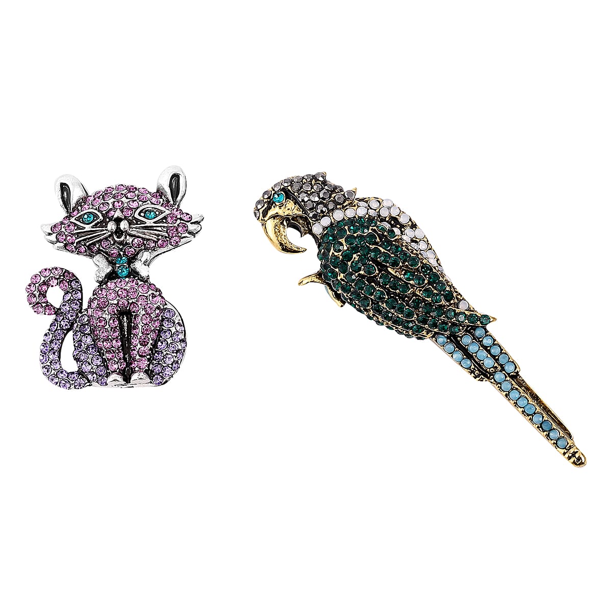 Set of 2 Multi Color Austrian Crystal Parrot & Cat Brooch in Dualtone image number 0