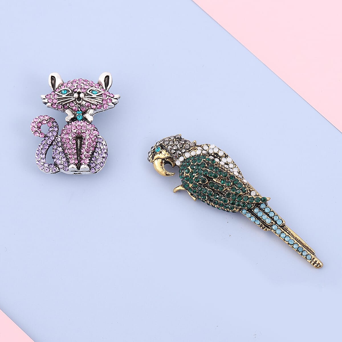 Set of 2 Multi Color Austrian Crystal Parrot & Cat Brooch in Dualtone image number 1