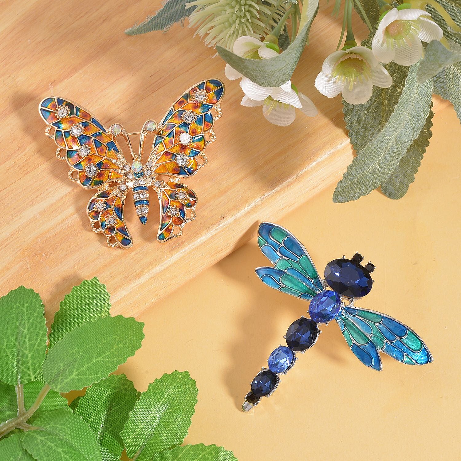Set of 2 Multi Austrian Crystal, Simulated Blue Diamond Enameled Butterfly & Dragonfly Brooch in Dualtone
