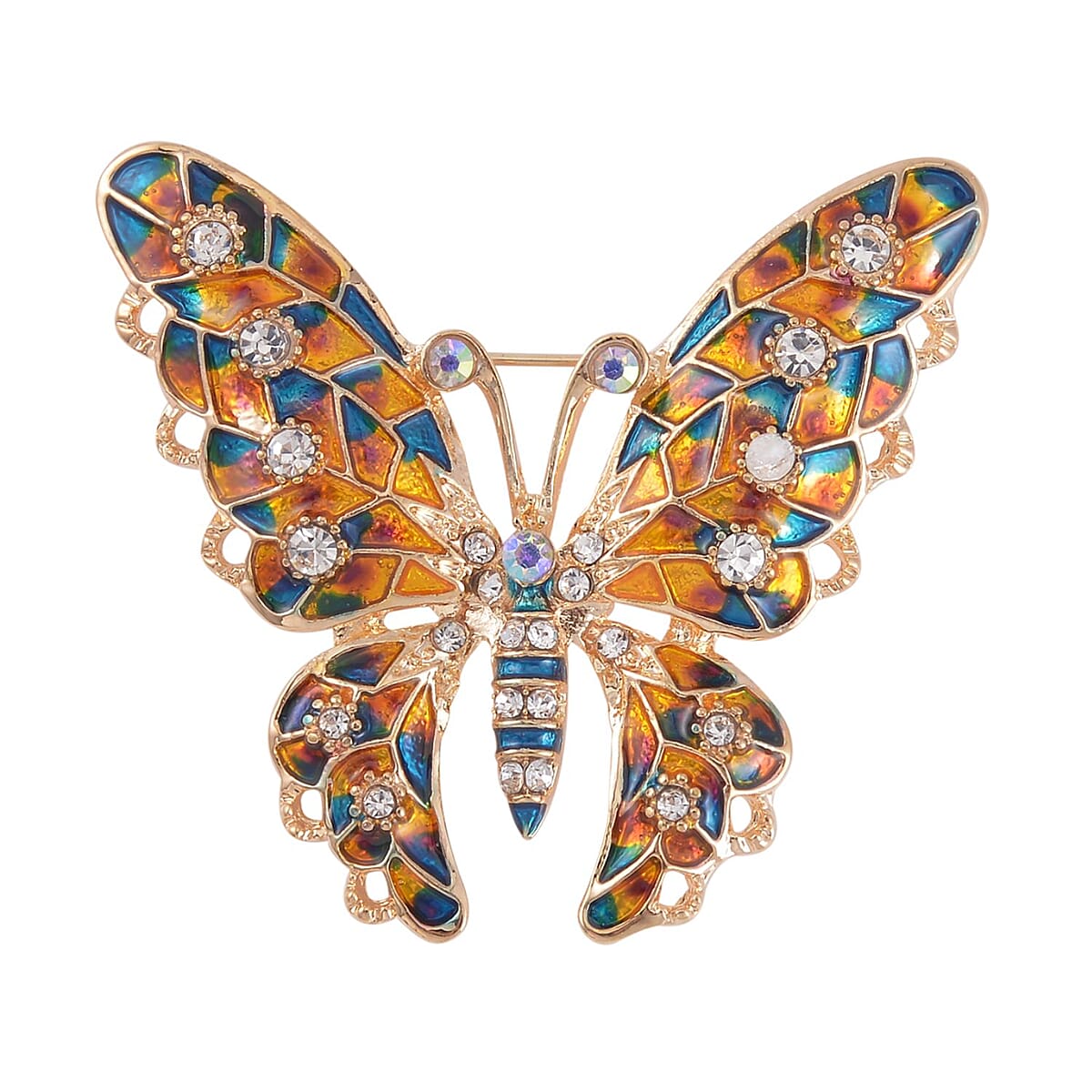 Set of 2 Multi Austrian Crystal, Simulated Blue Diamond Enameled Butterfly & Dragonfly Brooch in Dualtone image number 2