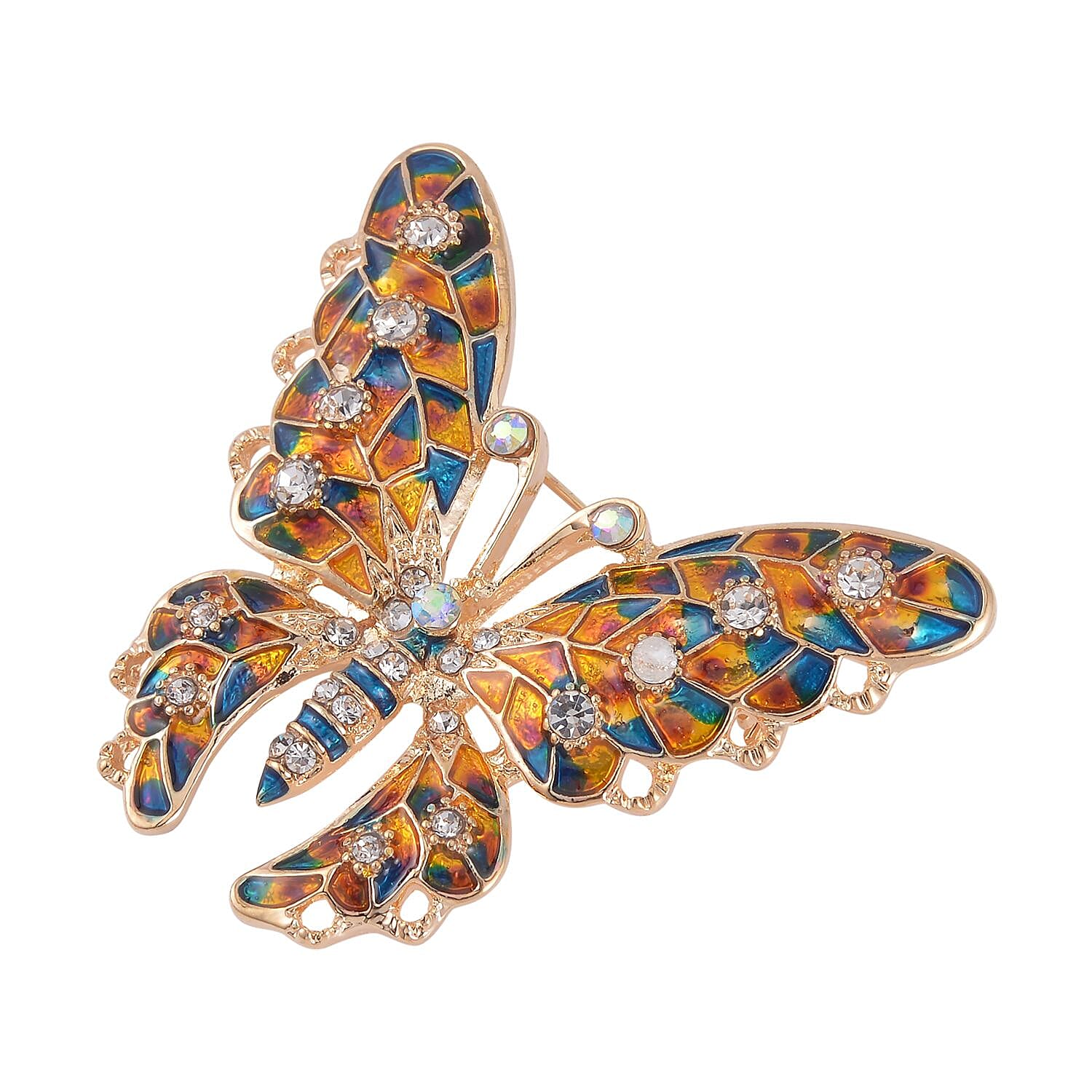 Set of 2 Multi Austrian Crystal, Simulated Blue Diamond Enameled Butterfly & Dragonfly Brooch in Dualtone