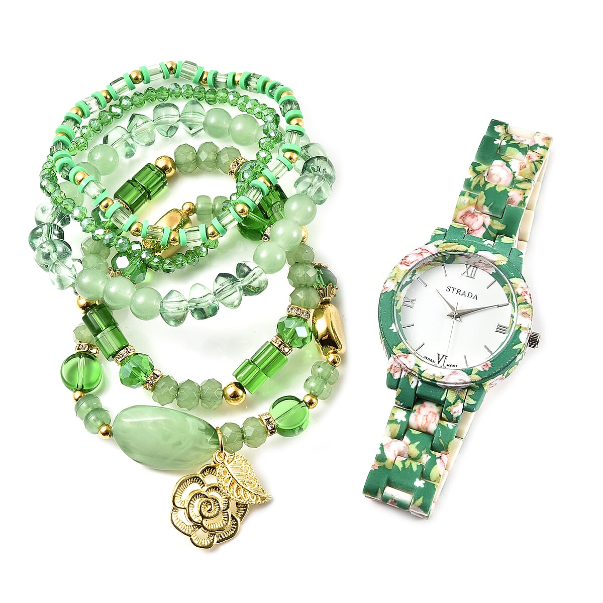 STRADA Cuff Watch With Green Bead Buy Strada Set of 6 Japanese Movement Green Flower Pattern  main image 3