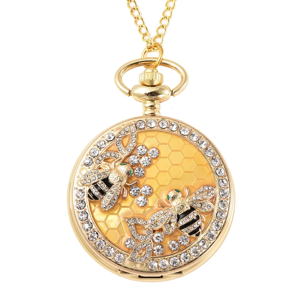 STRADA White Crystal Japanese Movement Carving Bee Pattern Pocket Watch with Chain in Goldtone (31 Inches) image number 0
