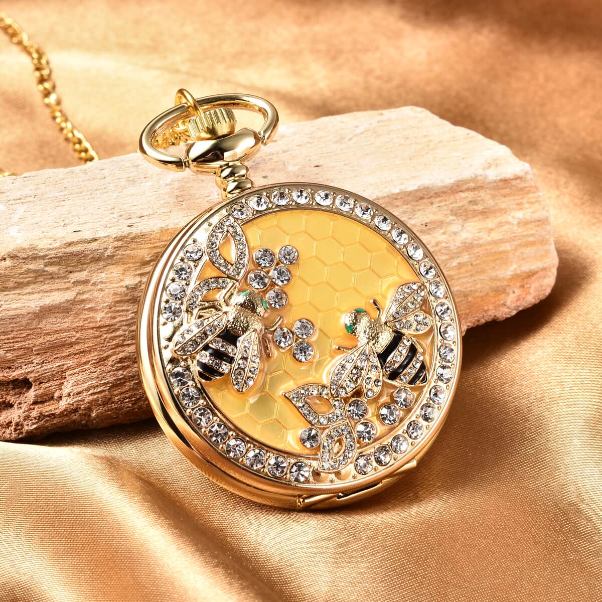 STRADA White Crystal Japanese Movement Carving Bee Pattern Pocket Watch with Chain in Goldtone (31 Inches) image number 1