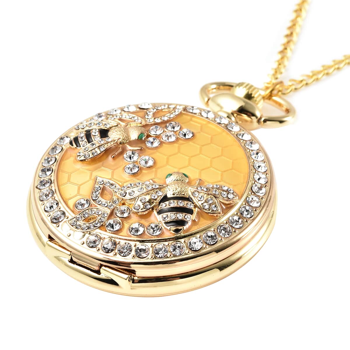 STRADA White Crystal Japanese Movement Carving Bee Pattern Pocket Watch with Chain in Goldtone (31 Inches) image number 2