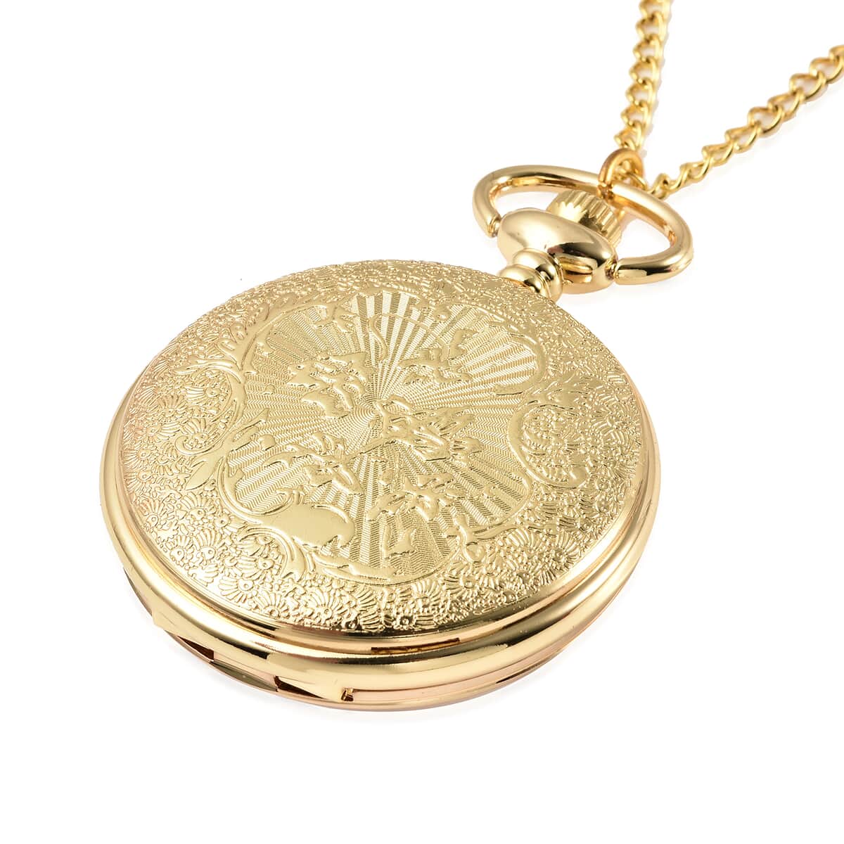 STRADA White Crystal Japanese Movement Carving Bee Pattern Pocket Watch with Chain in Goldtone (31 Inches) image number 3