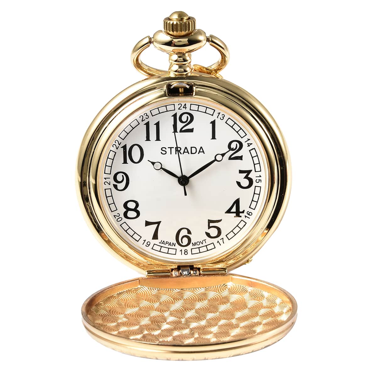 STRADA White Crystal Japanese Movement Carving Bee Pattern Pocket Watch with Chain in Goldtone (31 Inches) image number 4