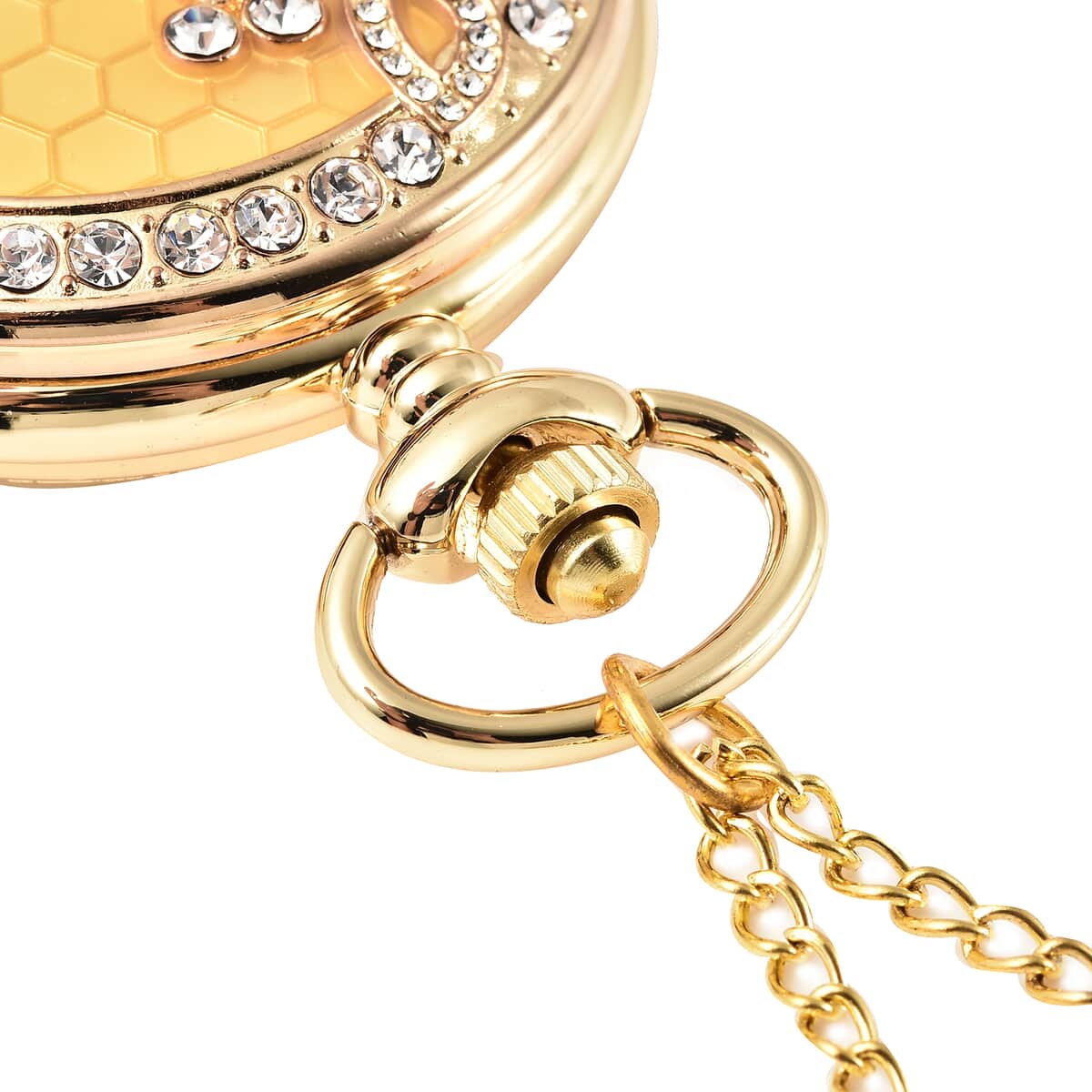 STRADA White Crystal Japanese Movement Carving Bee Pattern Pocket Watch with Chain in Goldtone (31 Inches) image number 5