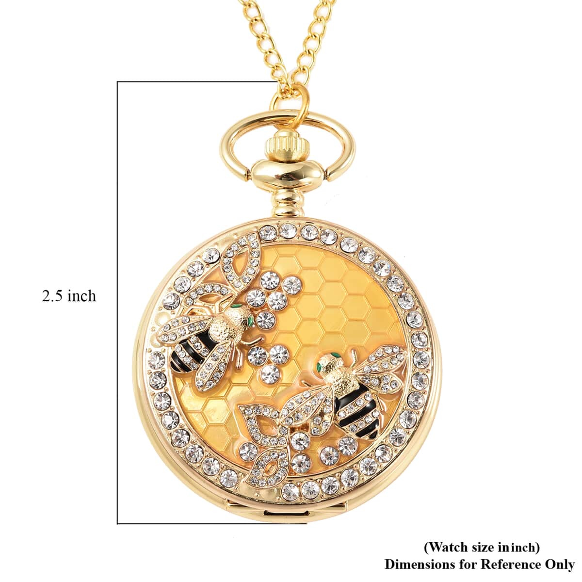 STRADA White Crystal Japanese Movement Carving Bee Pattern Pocket Watch with Chain in Goldtone (31 Inches) image number 6