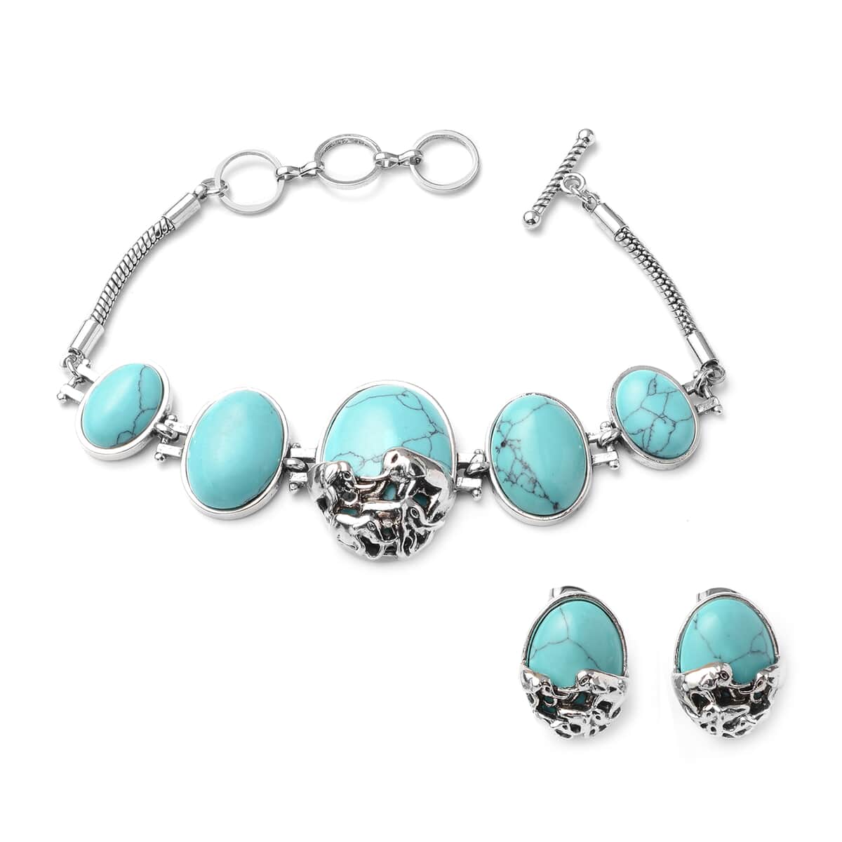 117.00 ctw Blue Howlite Elephant Charm Station Bracelet 7.25 Inches and Earrings in Silvertone image number 0