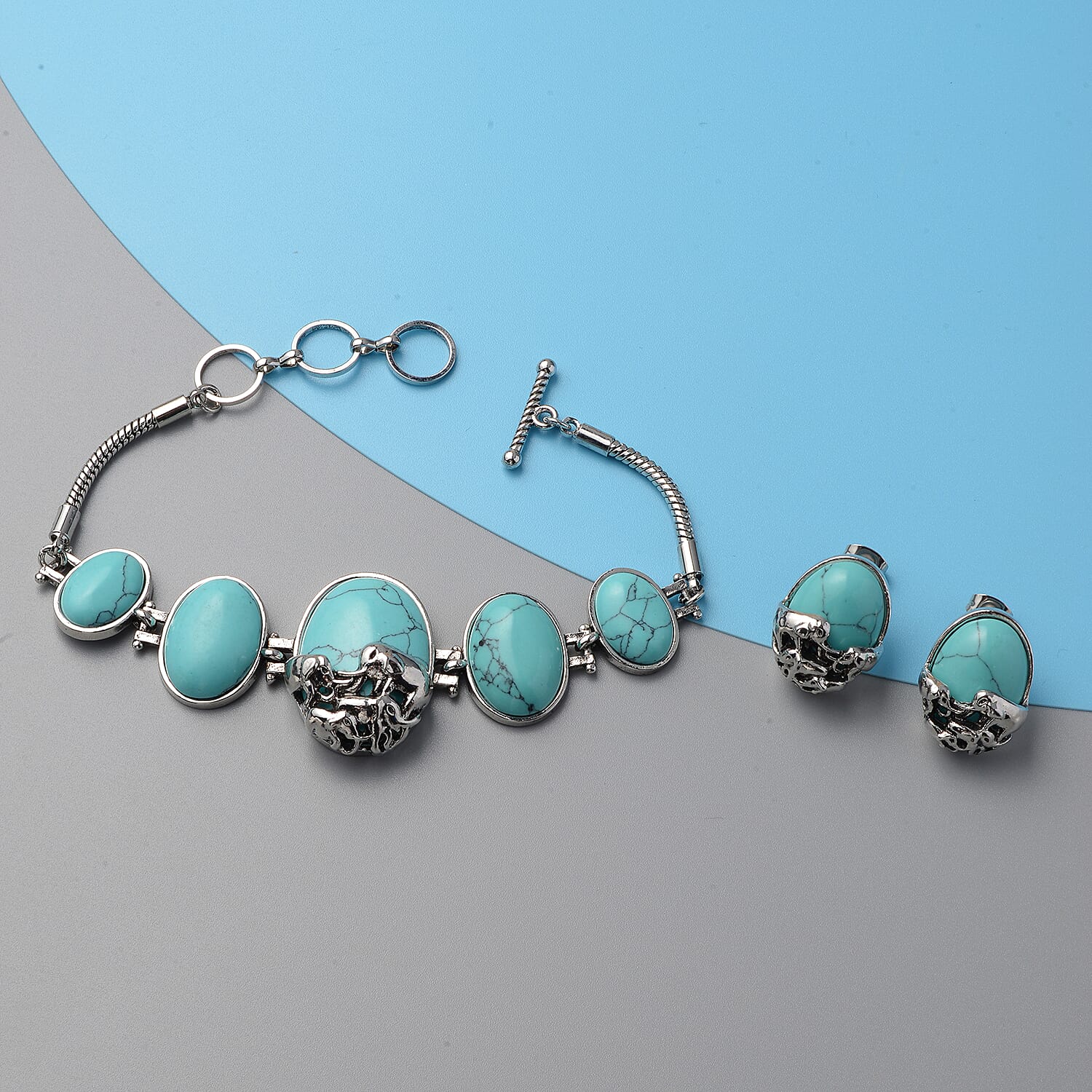 Blue Howlite Elephant Charm Station Bracelet 7.25 Inches and Earrings in Silvertone 117.00 ctw