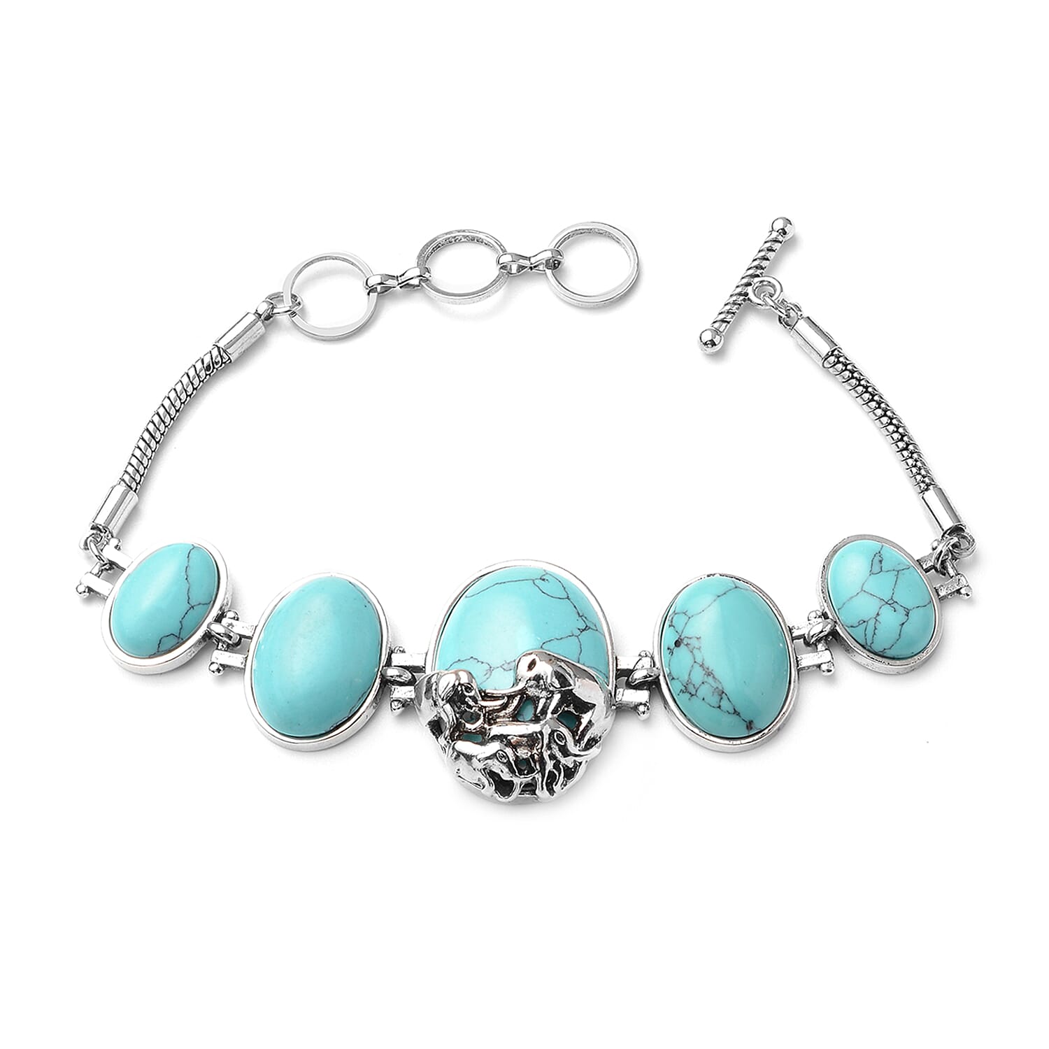 Blue Howlite Elephant Charm Station Bracelet 7.25 Inches and Earrings in Silvertone 117.00 ctw