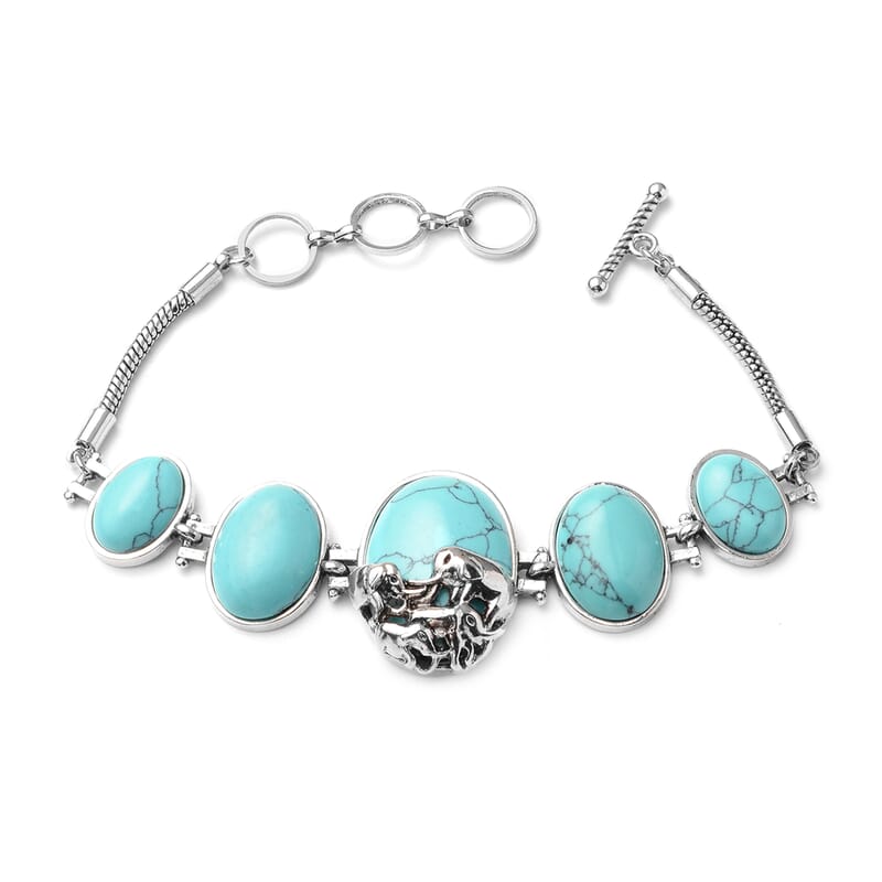 Blue Howlite Elephant Charm Station Bracelet 7.25 Inches and Earrings in Silvertone 117.00 ctw