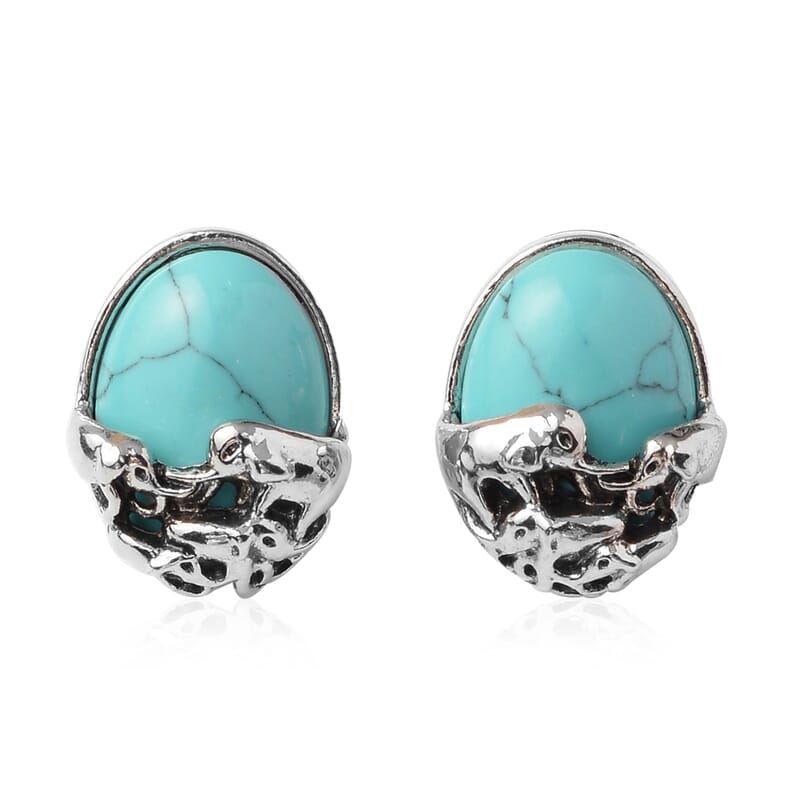 Blue Howlite Elephant Charm Station Bracelet 7.25 Inches and Earrings in Silvertone 117.00 ctw