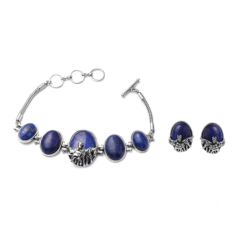 Lapis Lazuli Horse Charm Station Bracelet 7.25 Inches and Earrings in Silvertone 110.50 ctw