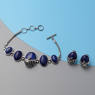 Lapis Lazuli Horse Charm Station Bracelet 7.25 Inches and Earrings in Silvertone 110.50 ctw