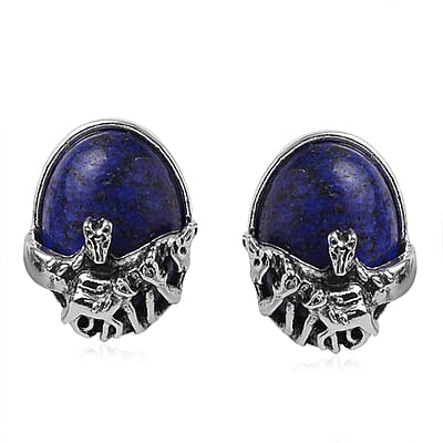 Lapis Lazuli Horse Charm Station Bracelet 7.25 Inches and Earrings in Silvertone 110.50 ctw