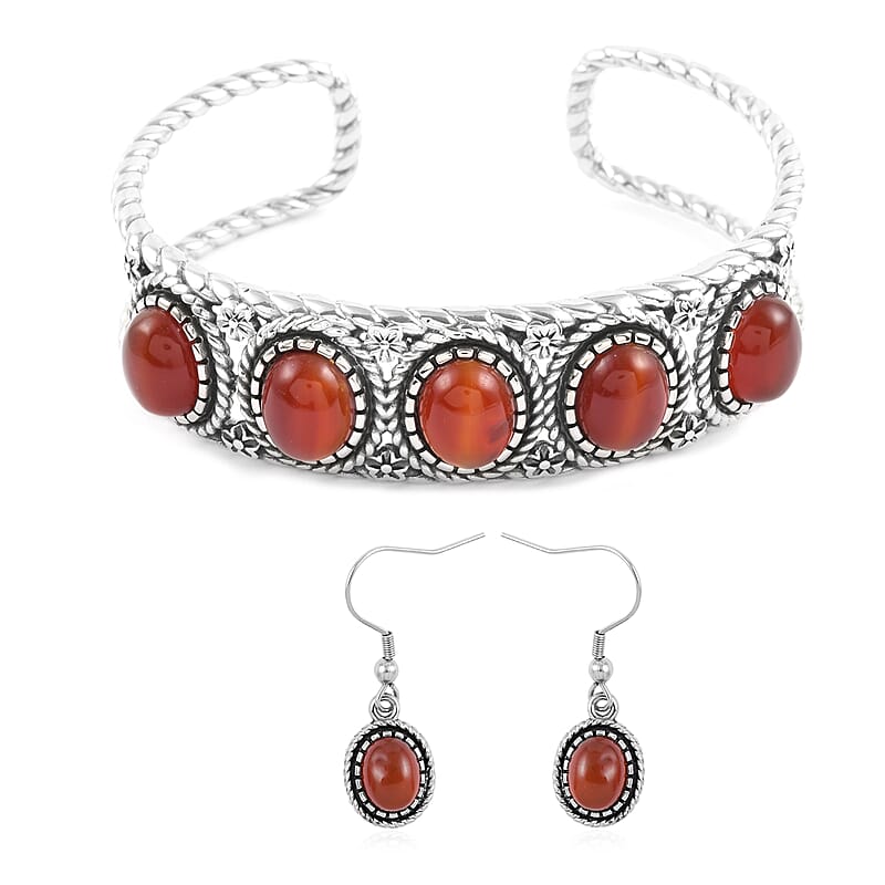 Red Carnelian Earrings and Cuff Bracelet (7.25 in) in Black Oxidized Stainless Steel 35.00 ctw