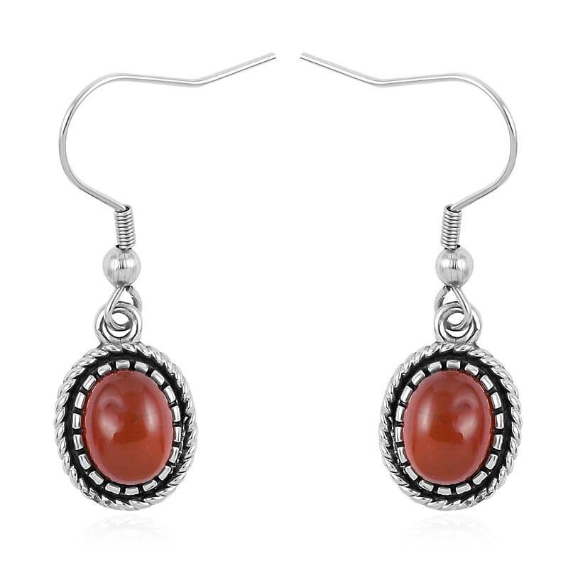 Red Carnelian Earrings and Cuff Bracelet (7.25 in) in Black Oxidized Stainless Steel 35.00 ctw