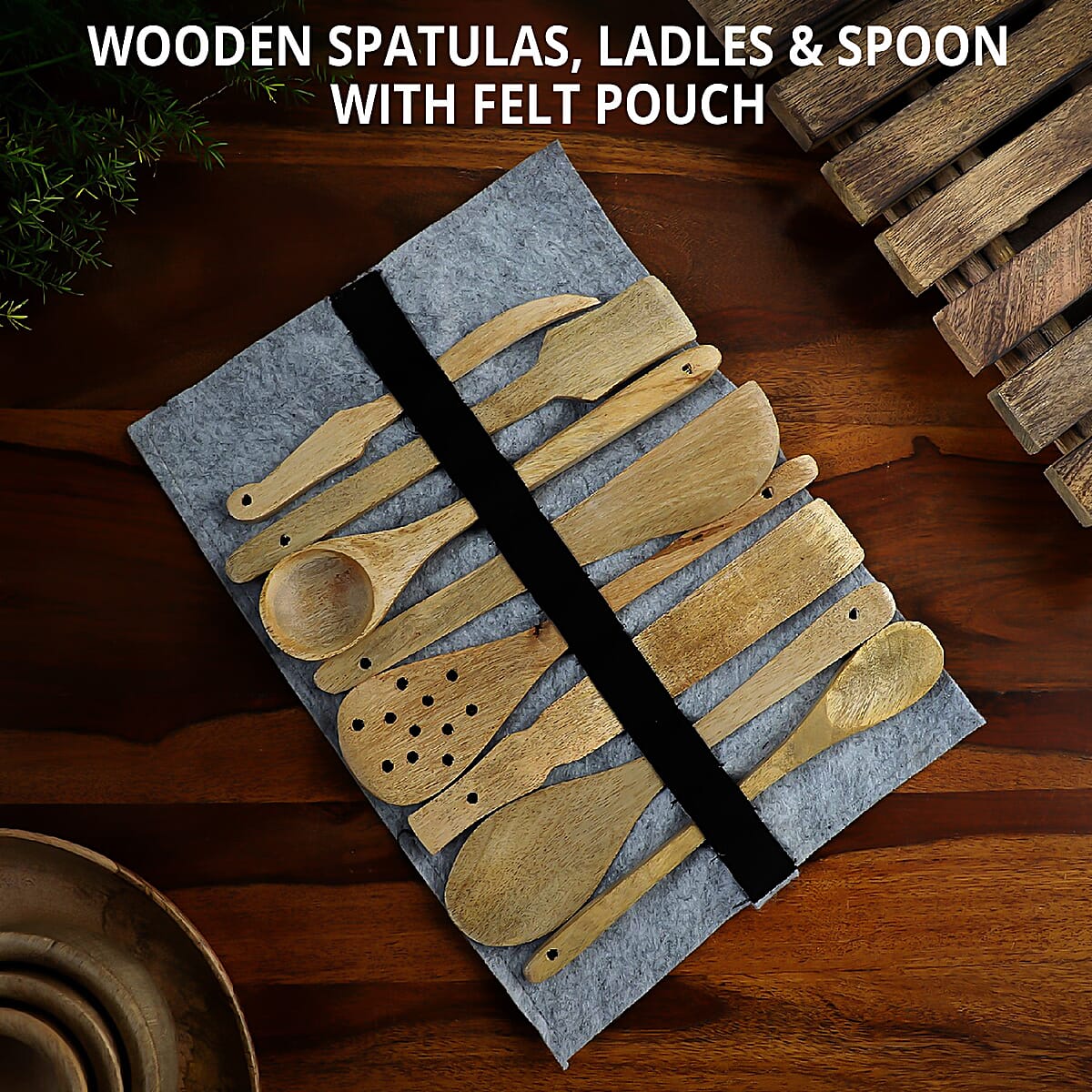 Set of 8 Pc Non Stick Spatulas & Ladles Wooden Spoon with Felt Pouch image number 1