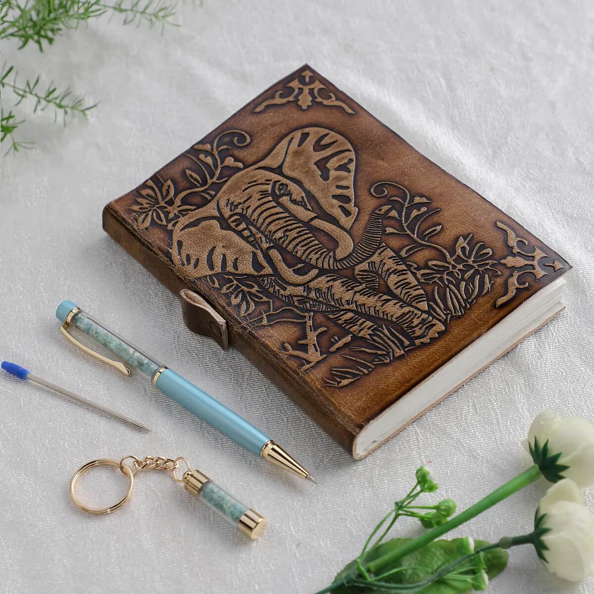 Genuine Leather Hand Embossed Paper Diary Elephant, Pen with Extra Refill image number 1