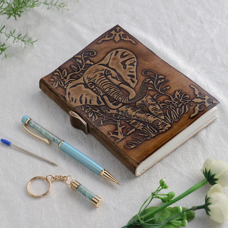 Leather Paper Diary, Pen with Extra Refill and Key Chain