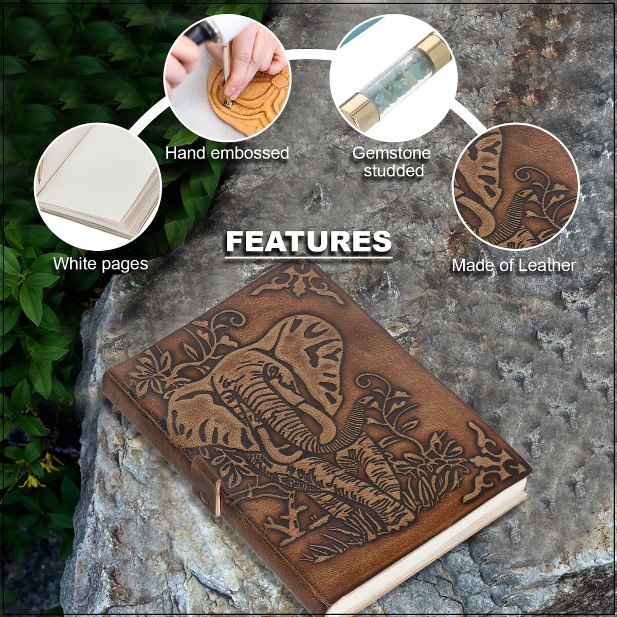Genuine Leather Hand Embossed Paper Diary Elephant, Pen with Extra Refill image number 2