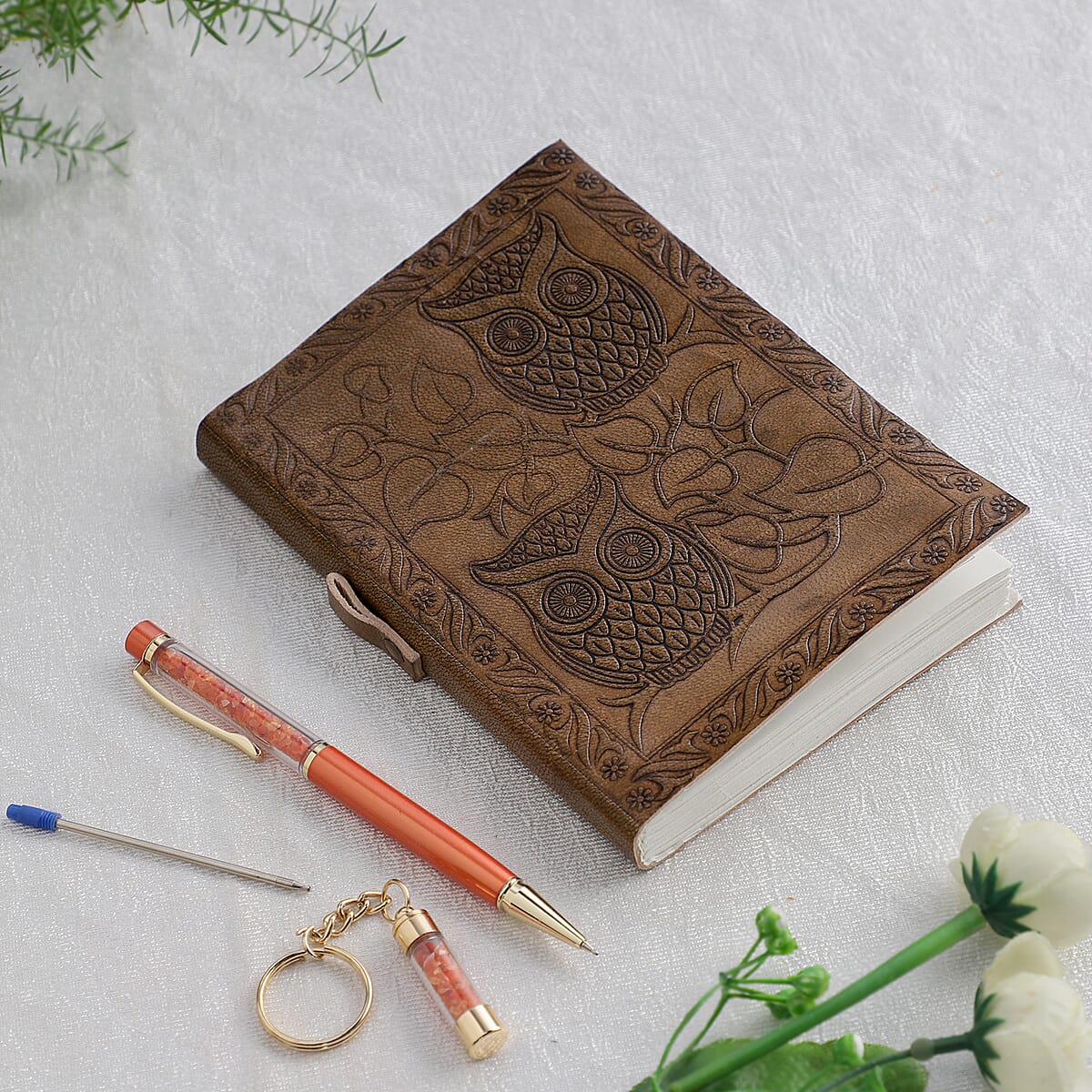 Hand Embossed Owl Genuine Leather Diary with Handmade Papers & Fire Opal filled Ball Pen with Extra Refill , Stationery Set , Unique Corporate Gifts , Personalized Stationery Sets , Gift Item image number 1