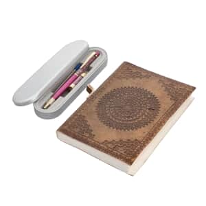 Hand Embossed Mandala Genuine Leather Diary with Handmade Papers & Ruby filled Ball Pen with Extra Refill, Stationery Set, Unique Corporate Gifts, Personalized Stationery Sets, Gift Item