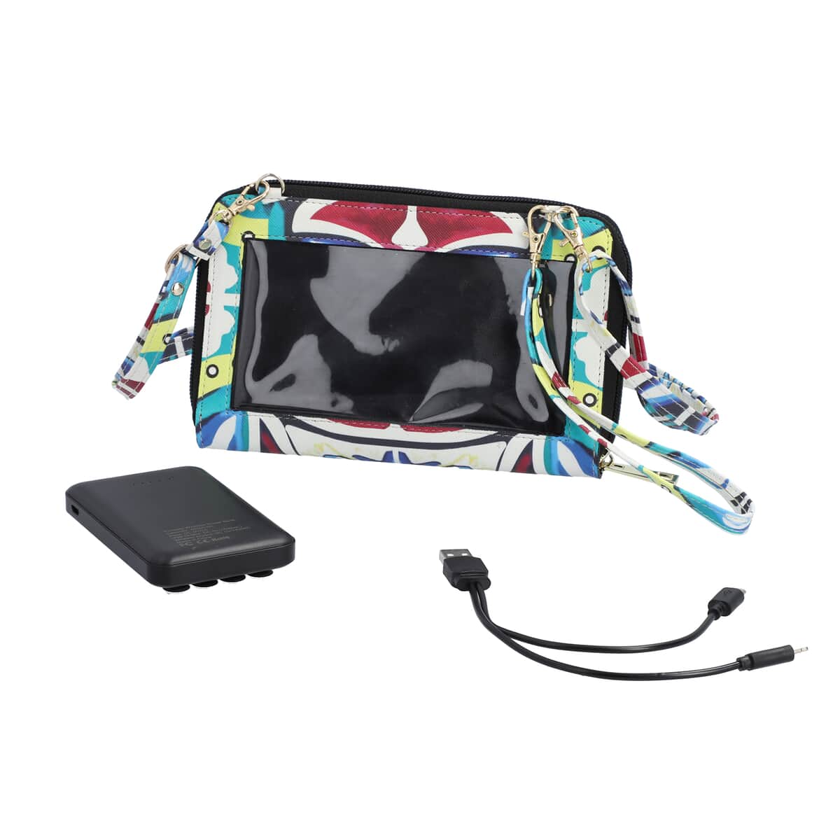 Multi Color Kaleidoscope Pattern Faux Leather RFID Crossbody Bag (7.1"x1.6"x4.3") with Shoulder Strap (40") and 4000mAh Wireless Power Bank image number 0