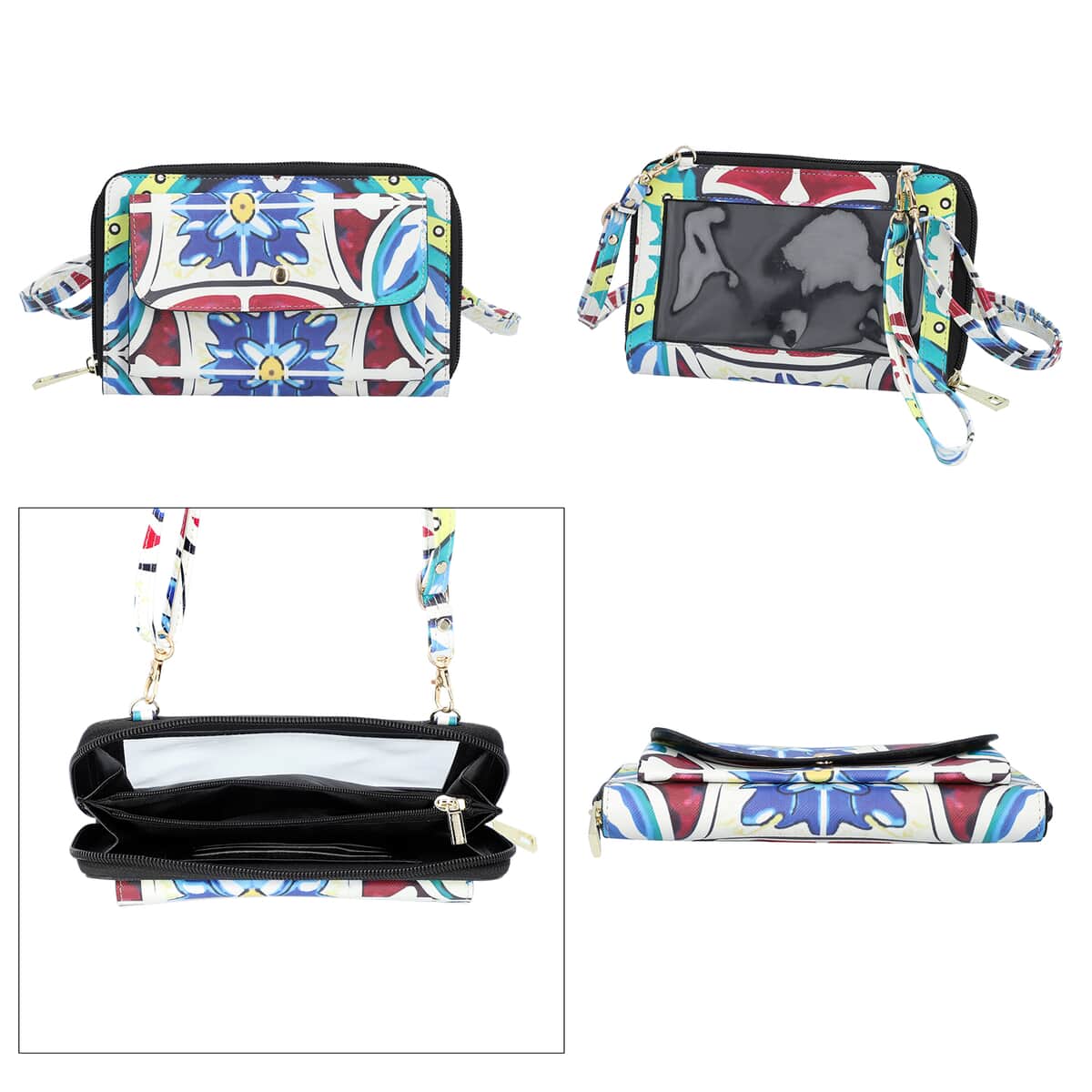 Multi Color Kaleidoscope Pattern Faux Leather RFID Crossbody Bag (7.1"x1.6"x4.3") with Shoulder Strap (40") and 4000mAh Wireless Power Bank image number 2