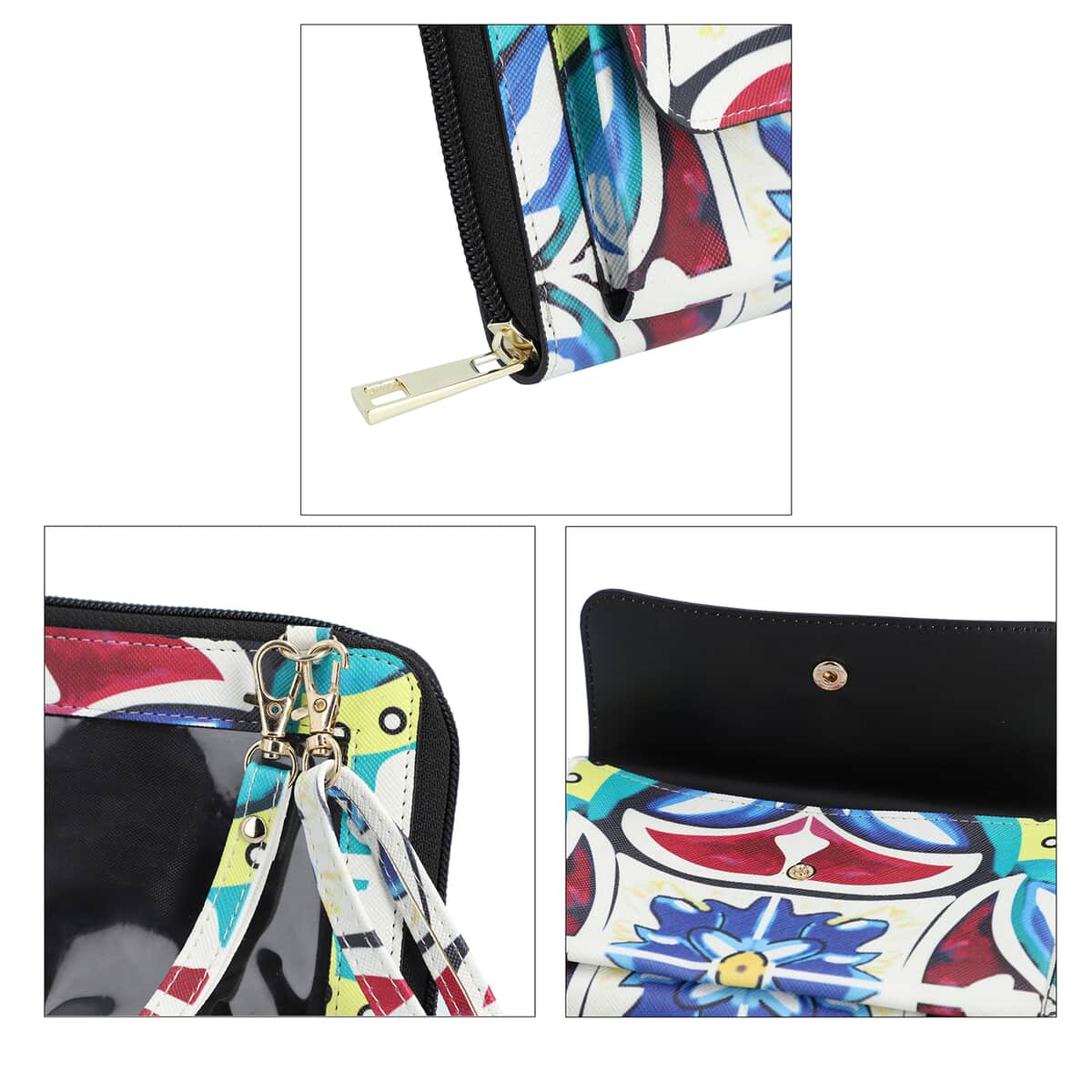 Multi Color Kaleidoscope Pattern Faux Leather RFID Crossbody Bag (7.1"x1.6"x4.3") with Shoulder Strap (40") and 4000mAh Wireless Power Bank image number 3